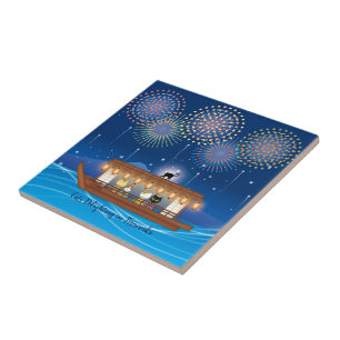 Azulejo Gatos deslumbrando en fuegos artificiales a bordo 