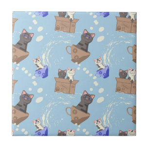 Azulejo Gatos en caja y gotas de leche en azul