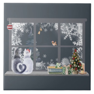 Azulejo Gatos en la ventana de Navidad