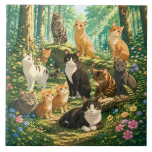 Azulejo Gatos en un jardín boscoso iluminado por el sol