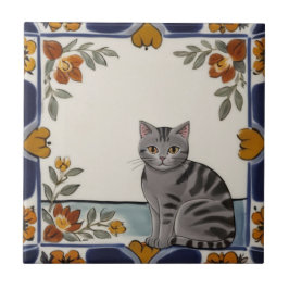 Azulejo Gatos florales - Gato atigrado gris y flores rojas