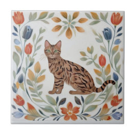 Azulejo Gatos Florales - Gato Bengal Flores Folclóricas Co
