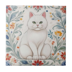 Azulejo Gatos Florales - Gato Blanco Flores Folclóricas Co