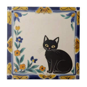 Azulejo Gatos florales - Gato negro lindo y flores naranja