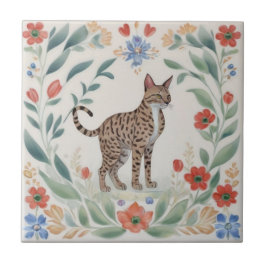 Azulejo Gatos Florales - Gato Savannah Flores Folclóricas 