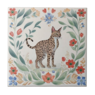 Azulejo Gatos Florales - Gato Savannah Flores Folclóricas 