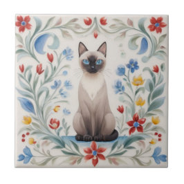 Azulejo Gatos Florales - Gato Siames Flores Folclóricas Co