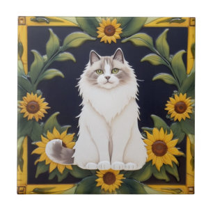Azulejo Gatos Girasol - Gato Ragdoll y Girasoles Amarillos