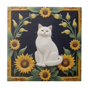 Azulejo Gatos Girasoles - Gato Blanco y Girasoles Amarillo