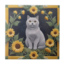 Gatos Girasoles - Gato Gris y Girasoles Amarillos