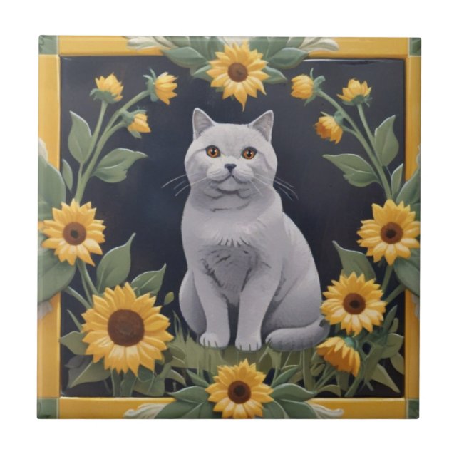 Azulejo Gatos Girasoles - Gato Gris y Girasoles Amarillos (Frente)