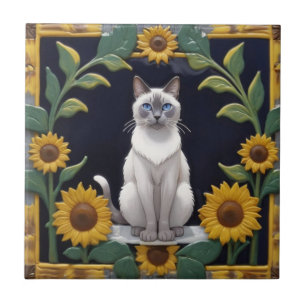 Azulejo Gatos Girasoles - Gato Siamés y Girasoles Amarillo