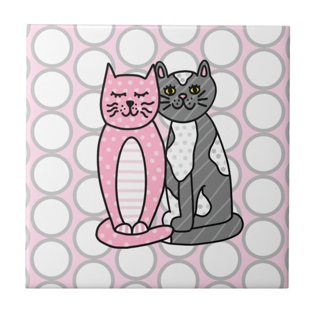 Azulejo Gatos grisatos y rosados, curiosamente curados (Frente)
