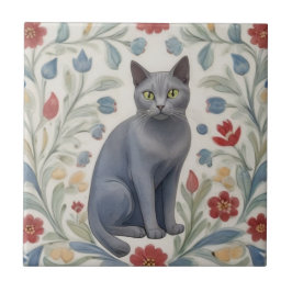 Azulejo Gatos grises florales - Gatos grises flores folkló