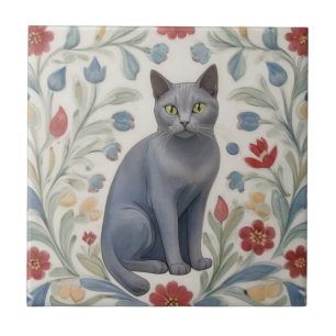 Azulejo Gatos grises florales - Gatos grises flores folkló