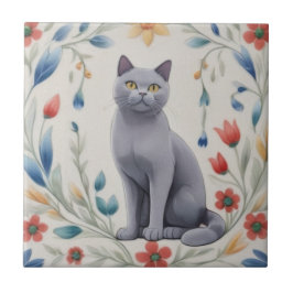 Azulejo Gatos grises florales - Gatos grises flores popula