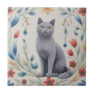 Azulejo Gatos grises florales - Gatos grises flores popula