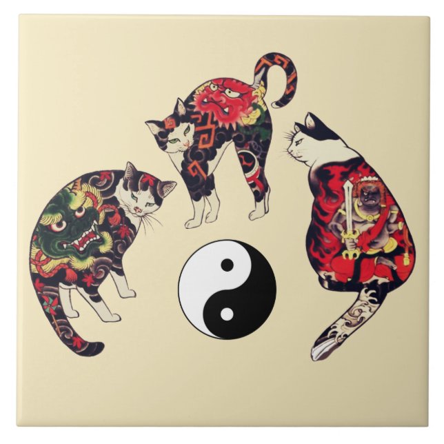 AZULEJO GATOS JAPONESES, DRAGON RED DEVIL TATTOOS, YIN YAN (Frente)