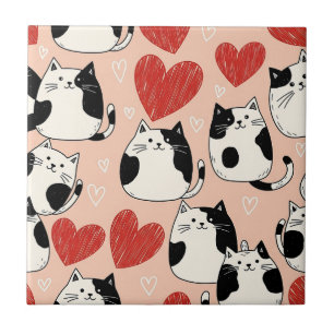 Azulejo Gatos Kawaii Rosados Dulces y Patrón de Corazones