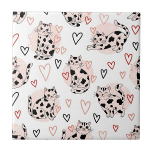 Azulejo Gatos Kawaii Rosados Dulces y Patrón de Corazones 