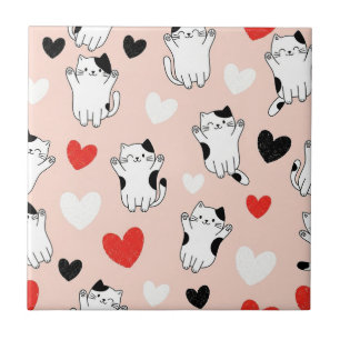 Azulejo Gatos Kawaii Rosados Dulces y Patrón de Corazones 