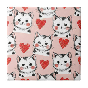 Azulejo Gatos Kawaii Rosados Dulces y Patrón de Corazones 