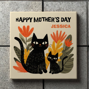 Azulejo Gatos Negros de Dibujos Animados Lindos Floral Fel