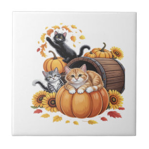 Azulejo Gatos Otoño Calabazas de Acción de Gracias Girasol