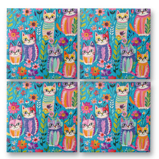 Azulejo Gatos y flores coloridas Feliz