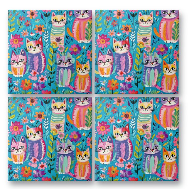 Azulejo Gatos y flores coloridas Feliz (Subido por el creador)