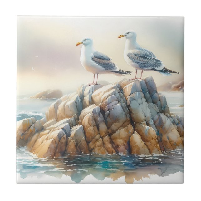 Azulejo Gaviotas Costeras Acuarela Paisaje Marítimo (Frente)