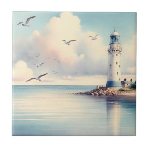 Azulejo Gaviotas de faro costero Serenidad de cielo pastel