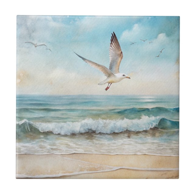Azulejo Gaviotas volando en una playa (Frente)