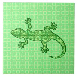 Azulejo Gecko de batik tribal - cal y verde esmeralda