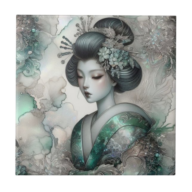 Azulejo Geisha en Verde Serie de Diseño #2 (Frente)