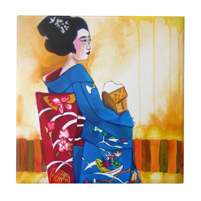 Azulejo Geisha japonés con el kimono azul (Frente)