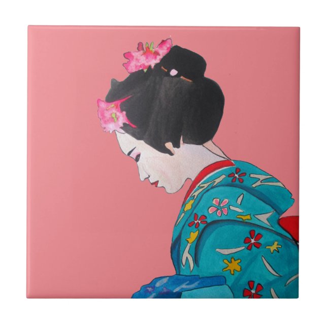 Azulejo Geisha linda japonesa con flores de cerezo rosa (Frente)
