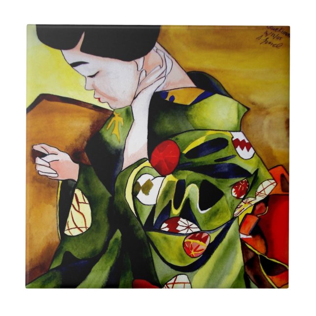 Azulejo Geisha lindo con arte verde de la original del (Frente)