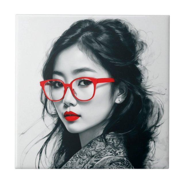 Azulejo Gente asiática blanca negra retrata los labios roj (Frente)