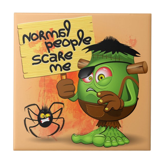 Azulejo 'Gente normal me asusta' Humorístico Frankenstein (Frente)