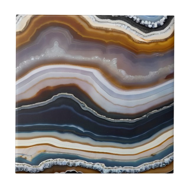 Azulejo Geode de agata de terracota blanca azul negro (Frente)