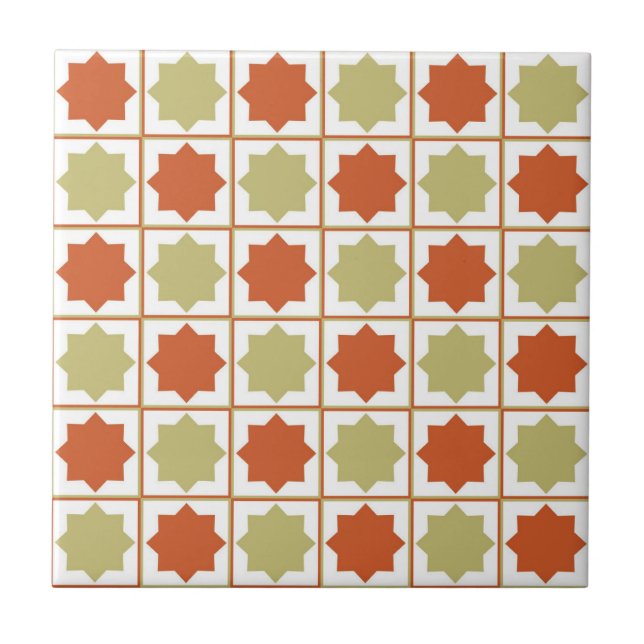 Azulejo Geometri islámico retro sage verde y Naranja quema (Frente)