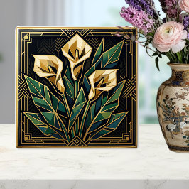 Azulejo Geometric Calla Lily Art Deco Floral Gold Green 