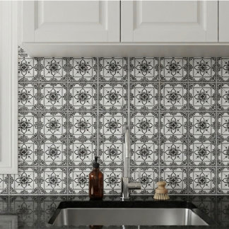 Azulejo geométrico barroco ornamentado Blanco y Ne