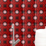 Azulejo Geométrico Kaleidoscópico Blanco Y Negro Rojo<br><div class="desc">Diseño de baldosas decorativas vibrantes y modernas con un patrón impecable de formas geométricas en blanco y negro sobre un fondo rojo.</div>