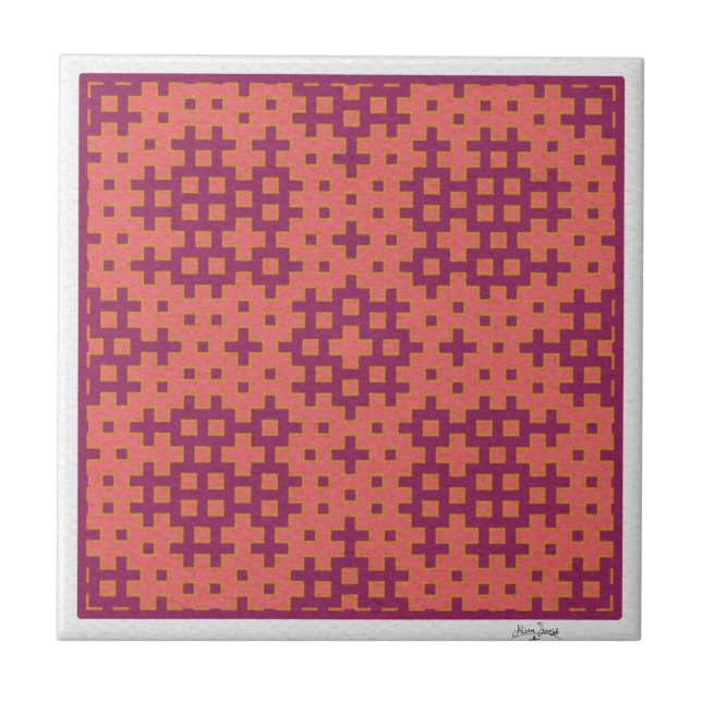 azulejo geométrico salmón y fucsia Hitomezashi (Frente)