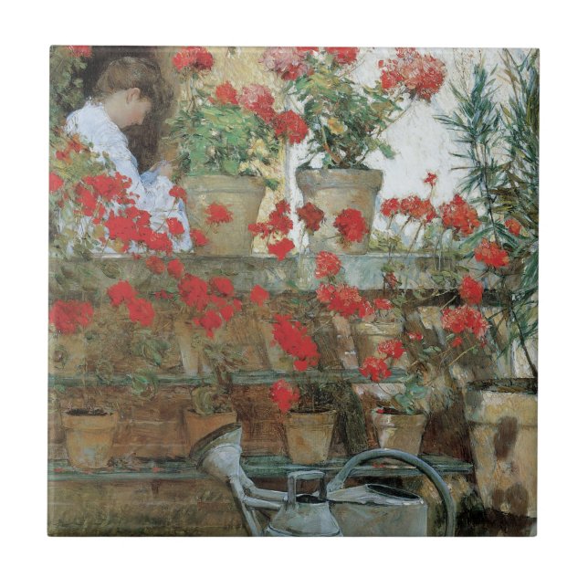 Azulejo Geranios de Childe Hassam, el impresionismo vintag (Frente)