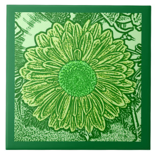 Azulejo Gerbera Daisy Block Print, Emerald y Lime Green