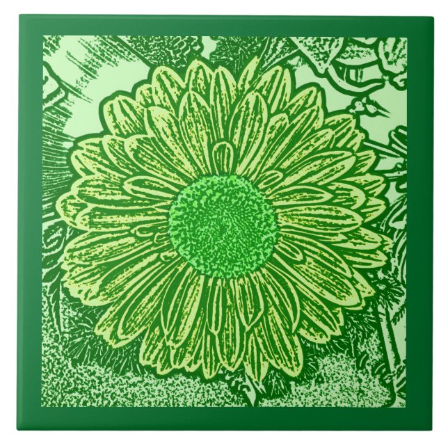 Azulejo Gerbera Daisy Block Print, Emerald y Lime Green (Frente)
