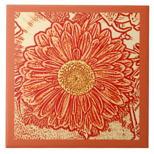 Azulejo Gerbera Daisy Block Print, Naranja mandarín